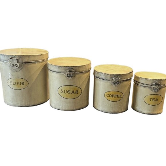 Antique Hand Painted Tin Canister Set of 4 Hinged Ornate Locking Mechanism